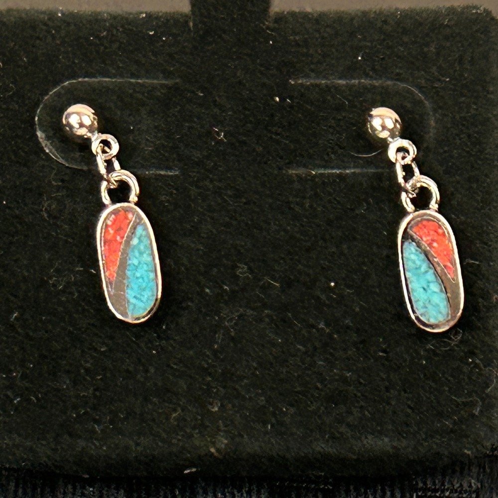 COP Southwestern Turquoise and Coral Crushed Stone Inlay‎ Oval Drop Earrings